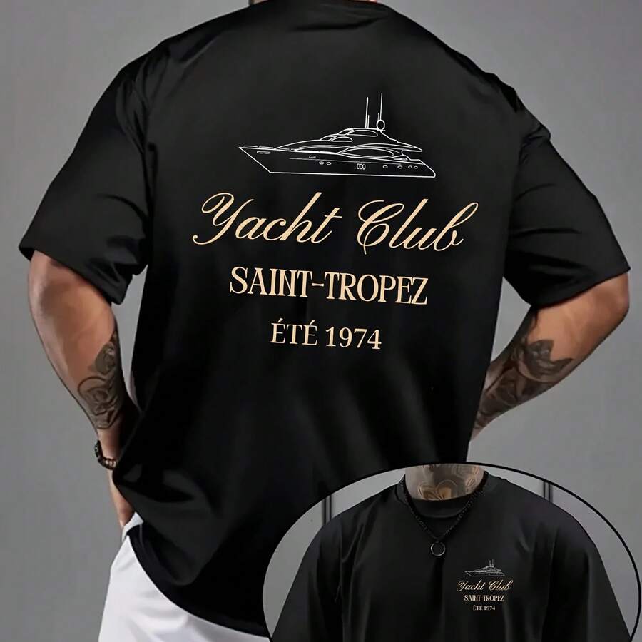 Unisex Saint-Tropez Yacht Club Print Oversized Drop Shoulder Print T-Shirt Casual Crew Neck, Summer Style - 款式 - 查看 1