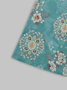 2026 New Blue-Green Floral Print Blouse Long Sleeve Loose Fit Bohemian Top Hippie Shirt Vintage Floral Print Small V-Neck Lantern Sleeve Lightweight Breathable Print Bohemian Fashion Vacation Outfit Island Holiday Style Country Music Festival Outfit Western Cowboy Style Pastoral Vintage Style Retro Aesthetic Casual Streetwear Plus Size Friendly - Multicolor - View 12