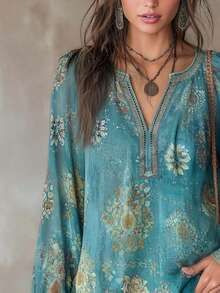 2026 New Blue-Green Floral Print Blouse Long Sleeve Loose Fit Bohemian Top Hippie Shirt Vintage Floral Print Small V-Neck Lantern Sleeve Lightweight Breathable Print Bohemian Fashion Vacation Outfit Island Holiday Style Country Music Festival Outfit Western Cowboy Style Pastoral Vintage Style Retro Aesthetic Casual Streetwear Plus Size Friendly - Multicolor - View 9