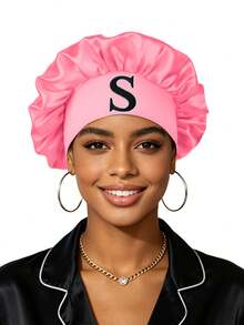 Satin Bonnet For Women, Silk Night Sleep Cap With Embroidered Letter Patches, Elastic Wide Band Hair Bonnet For Curly Hair Styling & Protection, Comfortable Loungewear Hair Wrap - Coral Pink - View 29
