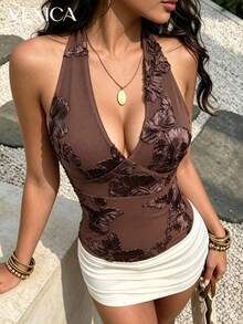 Top halter elegante con aplique floral para mujer de Vexica, top de malla marrón sexy, adecuado para vacaciones, cena de invitada de boda y uso diario - Marrón - Ver 6
