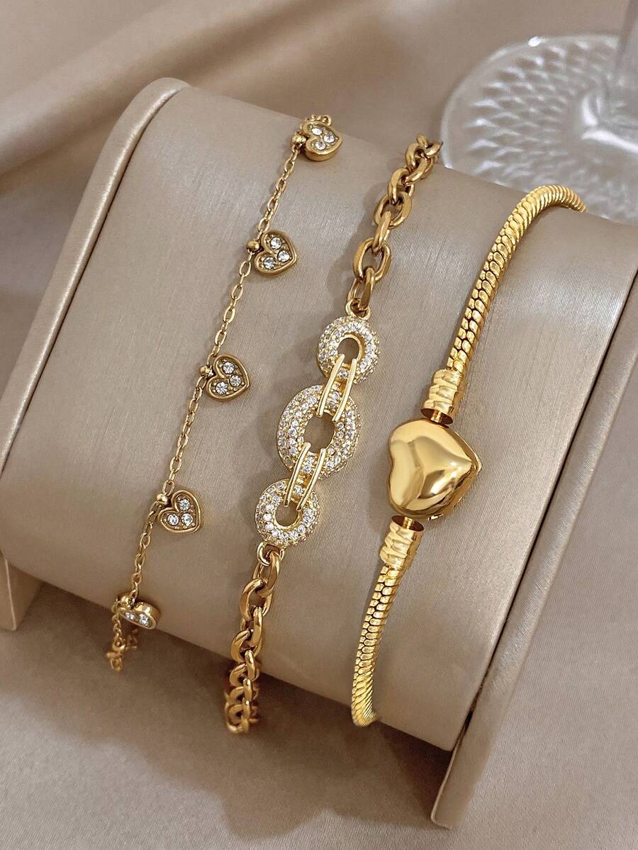 Simple Elegant Heart Pendant Chain Bracelet For Women Golden Chain Bracelet Sets For Travel Valentine'S Day Birthday Music Festival Jewelry Gifts - Multicolor - View 1