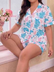 2 piezas Conjunto de pijama de mujer, estampado de tortuga marina, coral, estrella de mar, ropa de estar en casa, conjunto de primavera/verano para vacaciones, top de manga corta con cuello y shorts que se pueden usar como ropa exterior - Azul y blanco - Ver 2