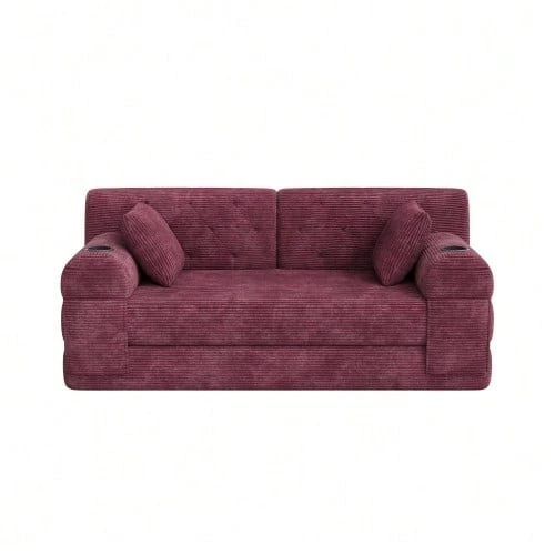 Two-Seater Sofa Bed In Compressed Corduroy, High Back, Metal Frame, High-Density Foam, Two Cup Holders And Four Side Pockets, Ideal For Living Rooms And Small Spaces, Dark Grey - Red - View 1