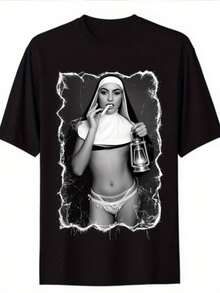 T-shirt homme 100% coton imprimé nonne et lanterne – Ce modèle ample - Noir - Voir 1