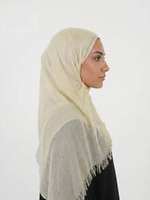 2pcs/Set Dirty Wash Arabic Hijab Thin Lightweight Solid Color Casual Long Scarf Suitable For Daily Use Riffeled Hijab - Beige - View 3