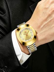 VA VA VOOM Brand Men's Quartz Watch, Luxury Gold Stainless Steel Band, 40mm Oval Dial With Rhinestone Markers, Original Timekeeping And Date Function, Business Style, Fashionable And Versatile, Suitable For Work, Party, School And Other Occasions, Men's Holiday Gift Wristwatch - Gold - View 11