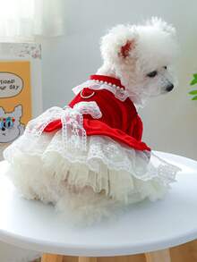 PETCIRCLE 1pc Pet Clothes Small Dog Puppy Spring Autumn Cute Pet Multi-Layer Tulle Tutu Dress Bow Velvet Formal Dress - Red - Red - View 4