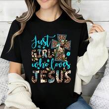 Women's Casual Christian-Style T-Shirt, Featuring The "Just A Girl Who Loves Jesus" Print With A Cross And Leopard Print, Suitable For Everyday Wear And Expressing Faith, As Well As - 黑色 - 查看 1