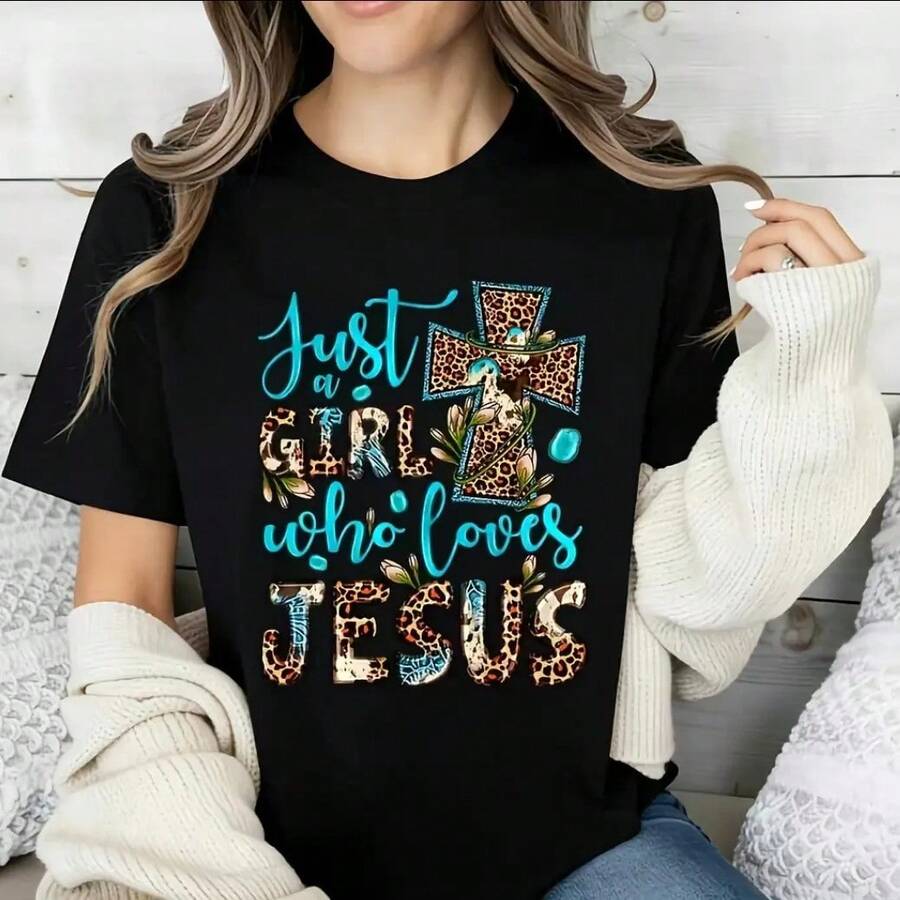 Women's Casual Christian-Style T-Shirt, Featuring The "Just A Girl Who Loves Jesus" Print With A Cross And Leopard Print, Suitable For Everyday Wear And Expressing Faith, As Well As - 黑色 - 查看 1