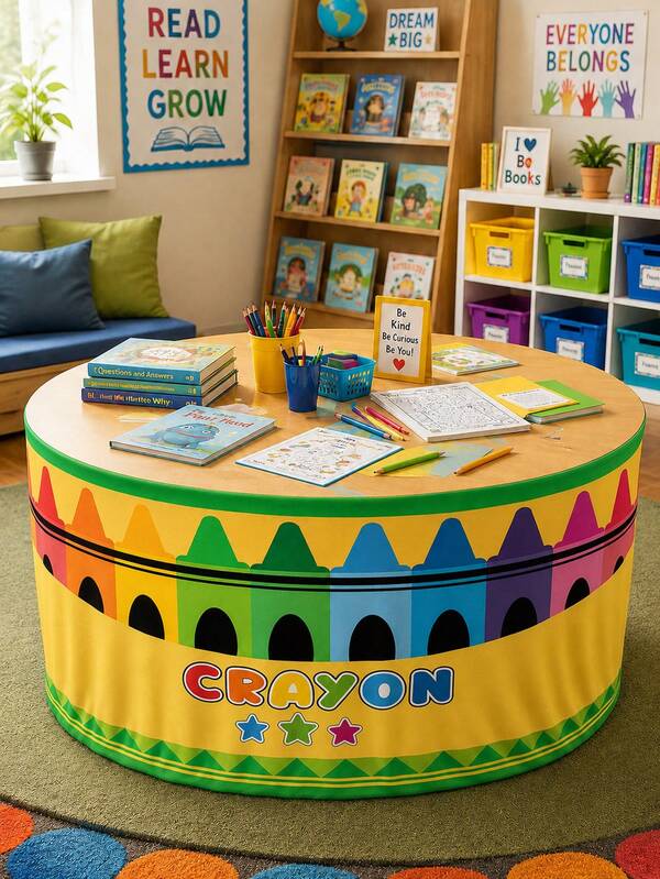 1 pieza Falda de mesa elástica de spandex para regreso a clases, mantel ajustado con estampado colorido de crayones, adecuado para escritorio de maestro, decoración de fiesta de bienvenida en el aula, mantel reutilizable con tema de aprendizaje para eventos de exhibición