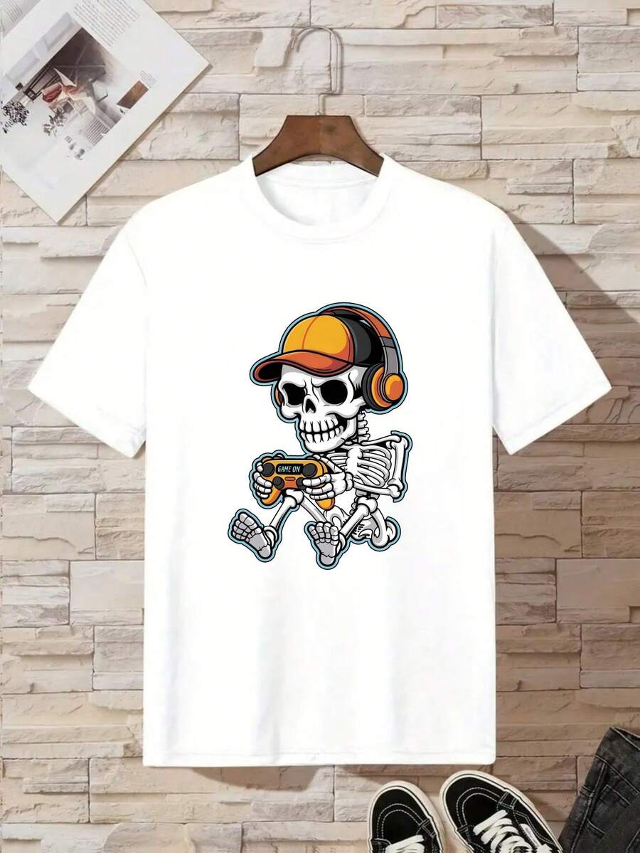 August 11, 2025, Summer T-Shirt For Boys With Skull Print, Casual Short Sleeve T-Shirt For Kids - 白色 - 查看 1
