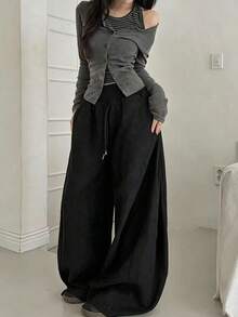 Atasan Kaos Lengan Panjang Bergaris Model Camisole Berlapis Vintage Musim Gugur 2026 untuk Wanita - Dark Grey - View 5