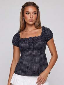 Women Summer Blouses Casual Stylish Dotted Pattern Ruffled Trim Slim Fit Shirts Square Neck Bubble Short Sleeve Tops - Negro - Ver 4