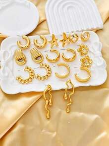 Juego de pendientes de metal pesado vintage estilo europeo y americano, pendientes versátiles chapados en oro con múltiples diseños geométricos de flores y estrellas estilo Hong Kong, adecuados para usar durante todo el año en viajes y vacaciones, el mejor regalo para familiares y amigos - Dorado - Ver 5