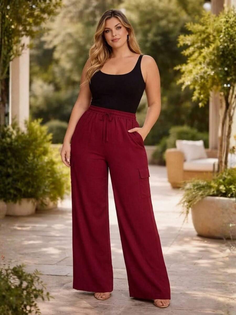 Women's Plus Size Tailored Cargo Pants With Wide Legs - Redwood - View 1