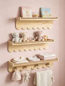 Wavy Edge Beaded Wooden Floating Wall Shelf With Hooks, Cute Baby Room Display & Storage Rack For Baby Books, Toys, Clothes And Decor - Multicolor - View 1