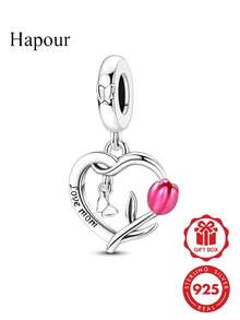 Original 925 Sterling Silver Charming Heart-Shaped Pendant Inlaid With A Carnation Women Jewelry Fits DIY Creations Of Original Bracelets Or Necklaces - Silver - View 1