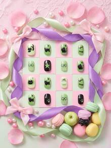 24pcs Y2K Style Children's Press-On Fake Nails, Green Apple + Cute Black Cat Theme Sweet & Cool Wearable Nails, Made Of Acrylic Material, Pre-Coated Gel, Full Coverage, Shiny Cute Patterns Including Green Apples, Fish Bones, Cute Kittens, Stars, Hearts And Other Small Decorations, Simple Yet Designed, Full Of Childhood Atmosphere. Full Coverage Small Nail Tips, Suitable For Girls' Gifts, Birthday Parties And Makeup Decoration - Multicolor - View 5