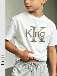 男童街头风“King”字母印花圆领短袖T恤 - 白色 - 查看 7