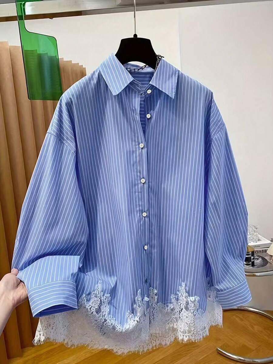 Casual Relaxed Style Lace Patchwork Turn Collar Long Sleeve Striped Shirt, Striped Lace Patchwork Front Button Down, Daily Office Commute, Autumn/Winter - Blue - View 1