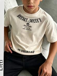 Tween Boys Casual Printed Round Neck Short Sleeve T-Shirt, Summer Top - Apricot - View 11