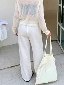 Pantalones holgados de cintura alta con rayas y pierna ancha, cintura con cordón, versátiles (patrón de rayas aleatorio) blanco - Blanco - Ver 4