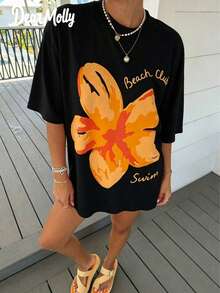 Tops Women Summer DEAR MOLLY Beach Club Swim Hibiscus Print T-Shirt,Casual Loose Round Neck Drop ShoulderShort SleeveTee,Daily Wear,&ComfortableY2k - 黑色 - 查看 7