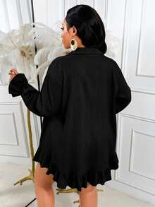 AIJ Plus Size Women's Casual Set, Ruffle Hem Button Front Shirt Collar Top Elegant Summer Black - Black - View 2