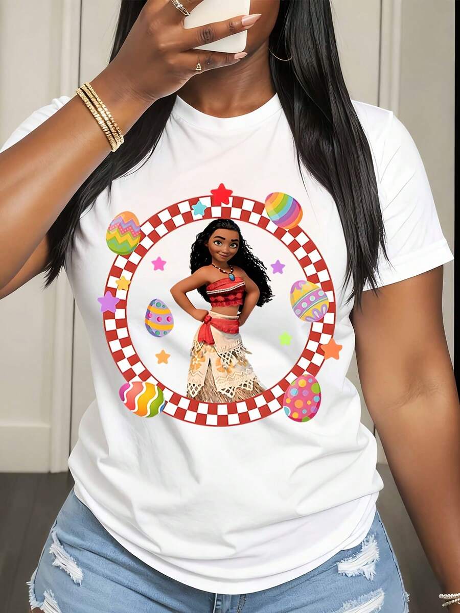 Disney Moana Easter Egg Design Printed T Shirt Women Casual Summer Fashion Top For Everyday Wear And Holiday Outfits Style - 白色 - 查看 1