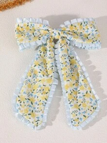 1件女款時尚優雅黃色碎花花朵荷葉邊蝴蝶結緞帶髮夾頭飾，適合日常春/夏季度假派對出遊，抓夾 - 黃色 - 查看 5