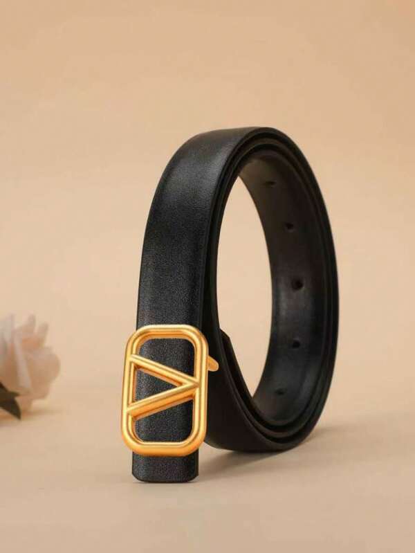 V-Shaped Leather Belt For Women, Smooth Buckle Decor, Slim Waist Belt, Minimalist Ins Style, V-Letter Versatile Accessory