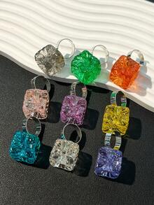 Bague en perle carrée asymétrique géométrique en résine, bague de doigt transparente couleur macaron Ins printemps/été - Multicolore A - Voir 3
