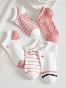 5 Pairs Women's Ankle Socks, Pink Striped Floral Mid-Calf Socks, Comfortable For Sports And Daily Wear, Versatile And Breathable - Multicolor - View 6