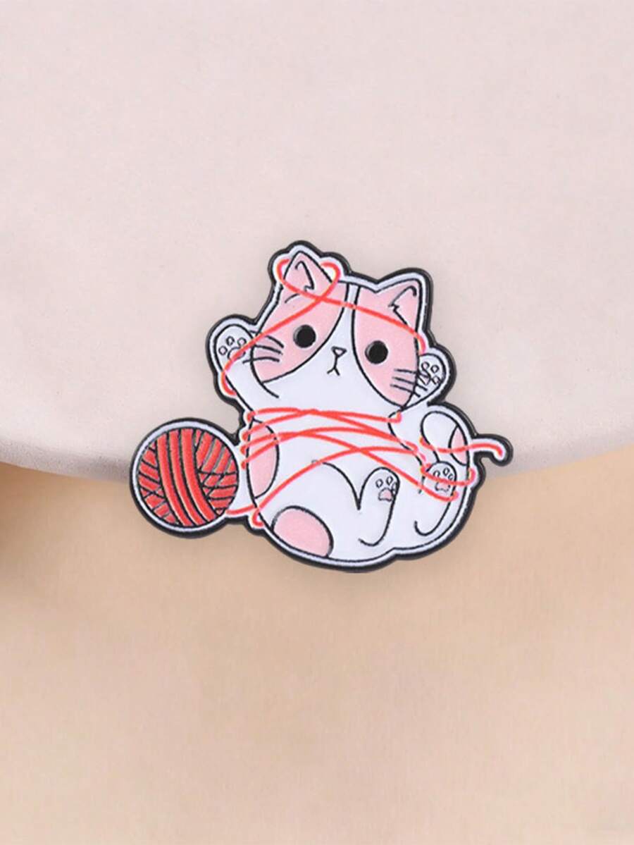Cute Cat Playing With Yarn Enamel Pin, Messy Kitten Brooch For Cat Lovers