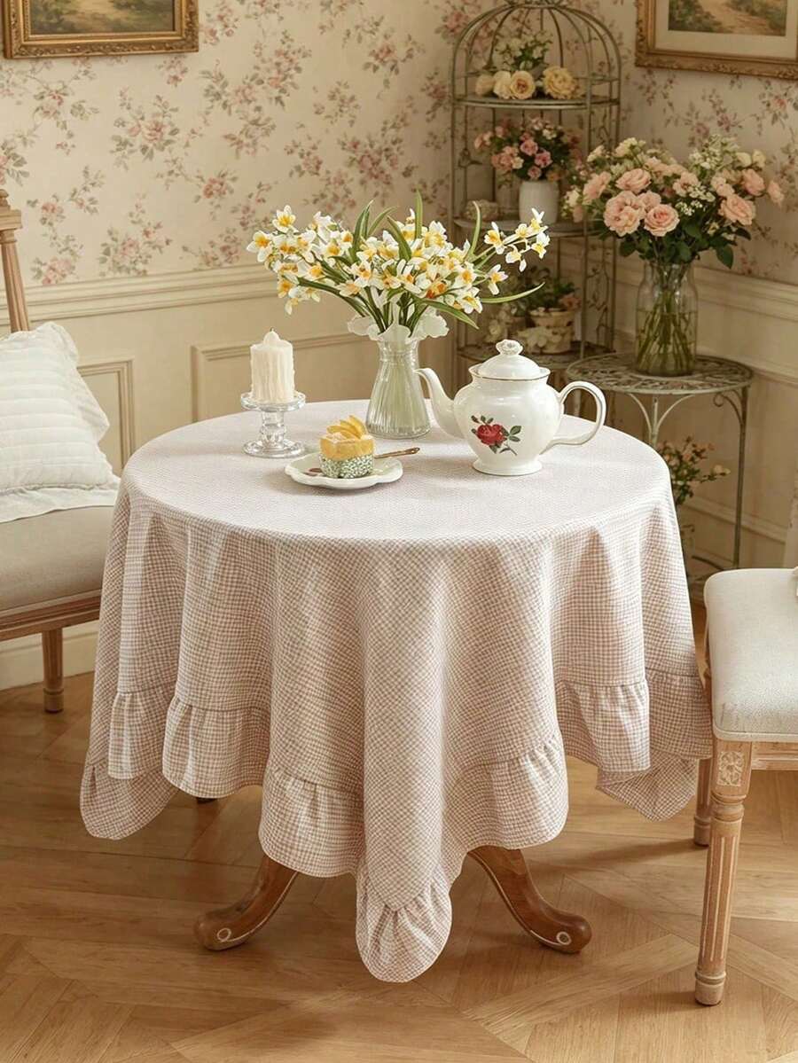 1pc Gentle Khaki Ruffled French Pastoral Tablecloth, Versatile Tabletop Decor Cloth, Suitable For Kitchen/Dining Room/Bedroom/Home, Kitchen Decor, Home Decor, Room Decor, Dining Table Decor, Coffee Table