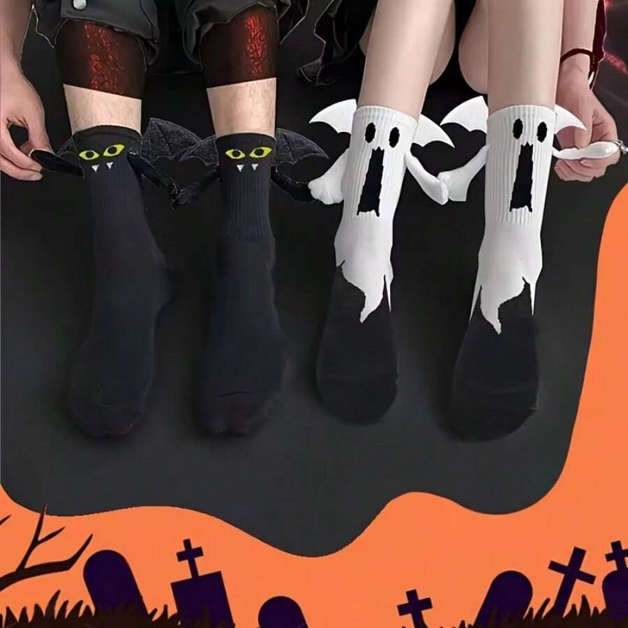 1 Pair Couple Halloween Socks Ghost Suction Hand-Holding Socks Cute Funny Bat Socks - Multicolor - View 1