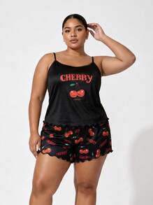 Snug League Plus Size Women's Sleepwear Set, Cherry Letter Print Camisole And Shorts, Loose And Comfortable, Summer Pajamas - Black - View 7