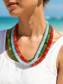1pc European & American Bohemian Faux Stone Abacus Bead Beaded Necklace With Stainless Steel 18K Gold Plated Accessories, For Summer Beach Holiday - Handmade Beaded Faux Stone Stainless Steel Necklace - View 4