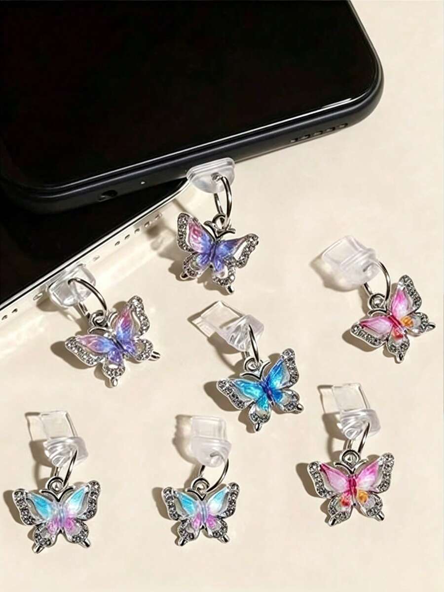 優雅水鑽蝴蝶防塵塞合金蝴蝶吊墜水晶裝飾手機配件 - DIY裝飾手機防塵塞 - 彩色 - 查看 1