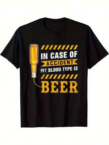 Camiseta para hombre de 180 g 100% algodón - Camiseta con gráfico humorístico que dice 'En caso de accidente, mi tipo de sangre es cerveza' con diseño de botella de cerveza. Este S Casual Negro - Negro - Ver 1
