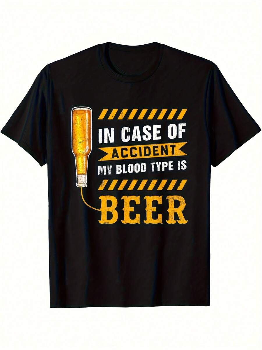 Camiseta para hombre de 180 g 100% algodón - Camiseta con gráfico humorístico que dice 'En caso de accidente, mi tipo de sangre es cerveza' con diseño de botella de cerveza. Este S Casual Negro - Negro - Ver 1