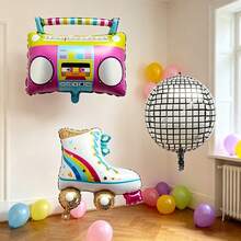 3pcs 80s Retro Radio Roller Skate Disco Ball Foil Balloons, Nostalgic Hip Hop Birthday Party Decorations Photo Props - Multicolor - View 2