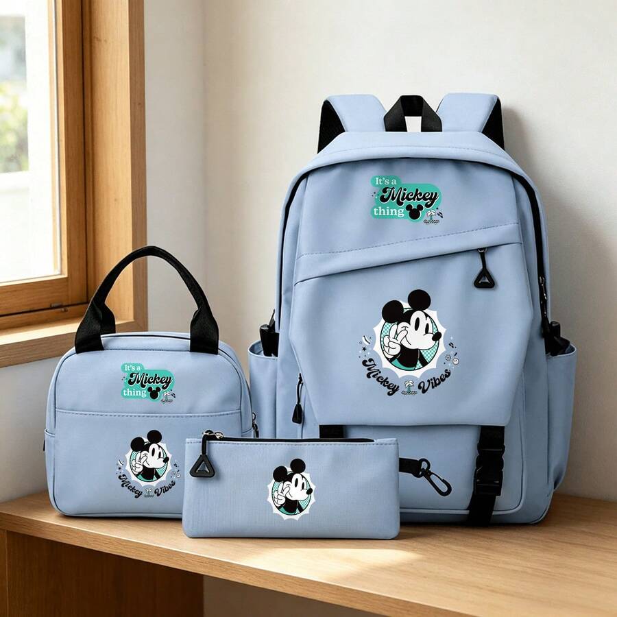 Disney Mickey Mouse 3PCS Backpack Set, "It's A Mickey Thing" Printed Casual School Backpack Combo With Tote Bag & Pencil Pouch For Students - Blue - View 1