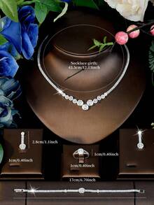 1 Set Romantic Princess Style Gradient Arrangement Round Zirconia Accessories + Asymmetrical Sunflower Round Diamond Thin Chain Necklace 4-Piece Set + Wedding Photography Atmosphere Bridal Styling Jewelry - Silver - View 7