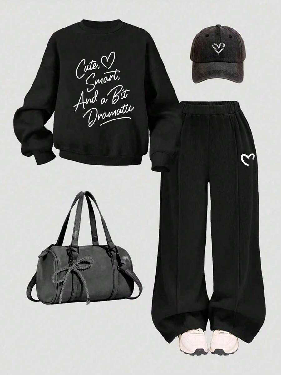 Young Girl Cartoon Letter Print Round Neck Long Sleeve Top And Pants - Black - View 1