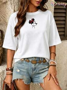 Women's Oversized White T-Shirt, Disney Minnie Mouse Double-Sided Signature Graphic Print, Crew Neck Short Sleeve Casual Tee - White - View 5