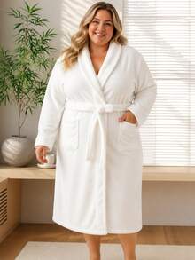 1pc White Plus Size Bathrobe Unisex Bathrobe Lapel Long Robe Solid Color Long Sleeve Loungewear Thick Coral Fleece Soft Absorbent Shower Hotel Pool Spa Couple Pajamas - White - View 10