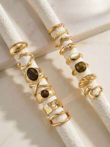 15pcs/Set Vintage Chunky Gold Stacking Ring Set Bohemian Faux Brown Stone Geometric Knuckle Rings Y2K Joint Jewelry - Gold - View 4
