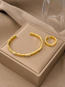 Fashionable Minimalist Round Bangle, Copper Plated 18k Gold Cubic Zirconia Decor, Suitable For Party And Gathering - Gold - View 1